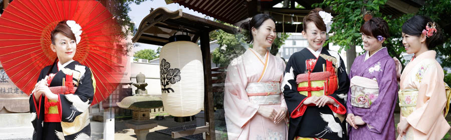 写真: 番傘と花嫁・諏訪神社の提灯・黒引き振袖の花嫁と友人
